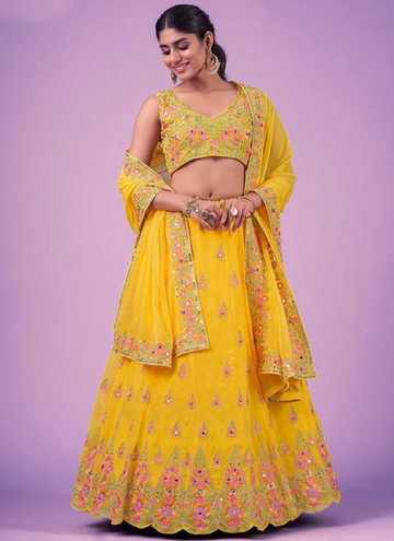 Haldi ceremony Beautiful Yellow Georgette lehenga with sequin embroidery work